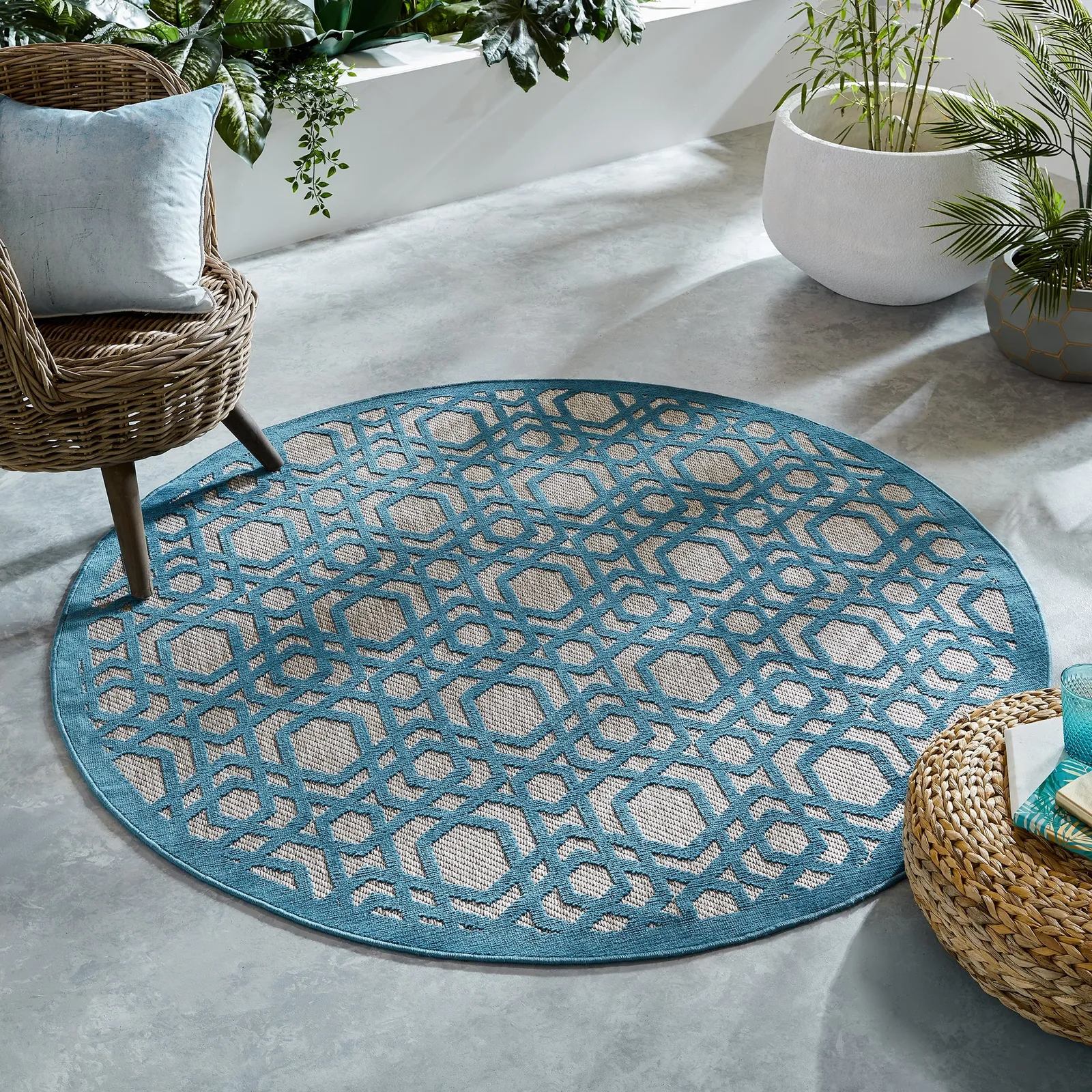 Oro Blue Circle Geometric Indoor Outdoor Rug Blue and Brown
