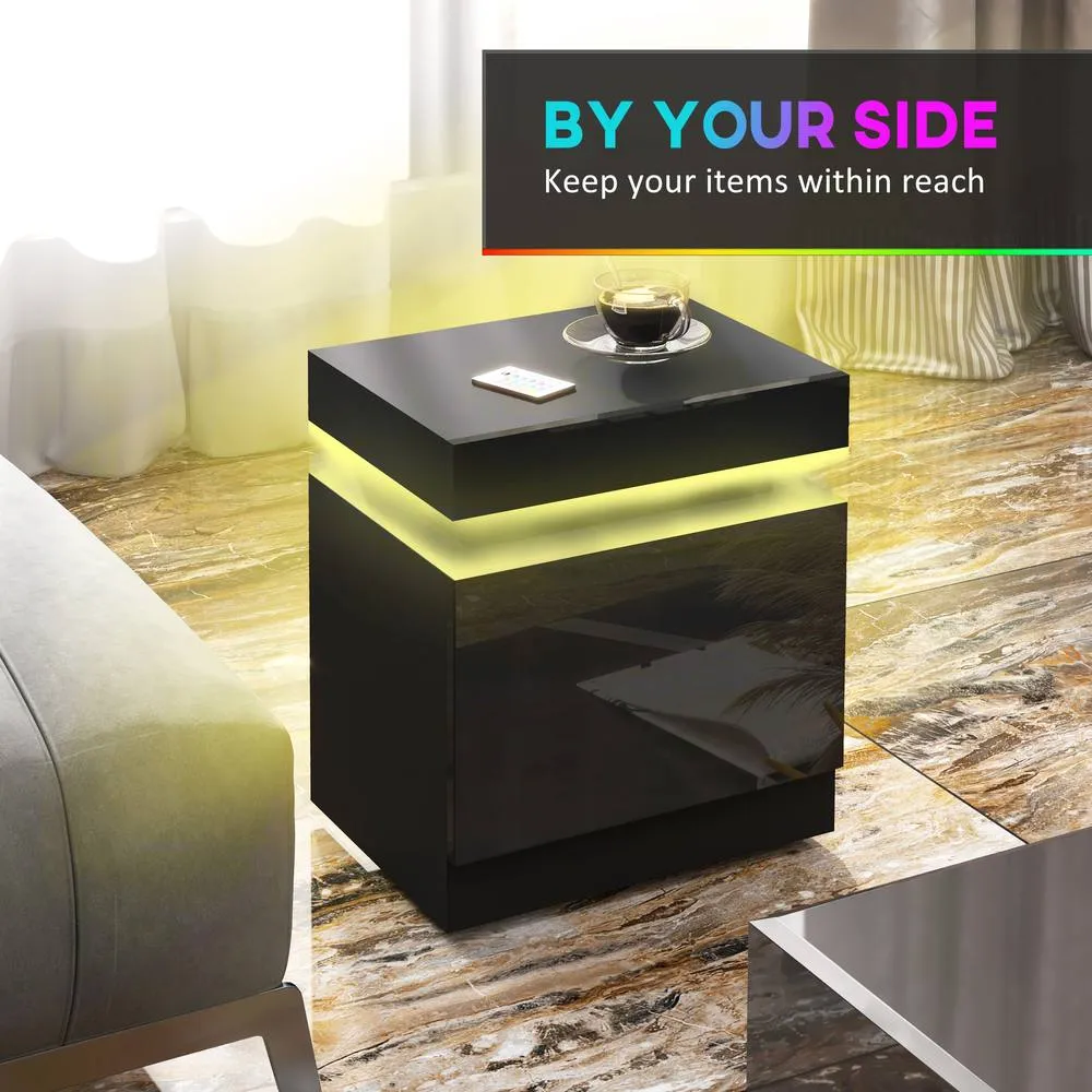 HOMCOM High Gloss Bedside Table Set of 2 with LED Light & 2 Drawers, Black 6