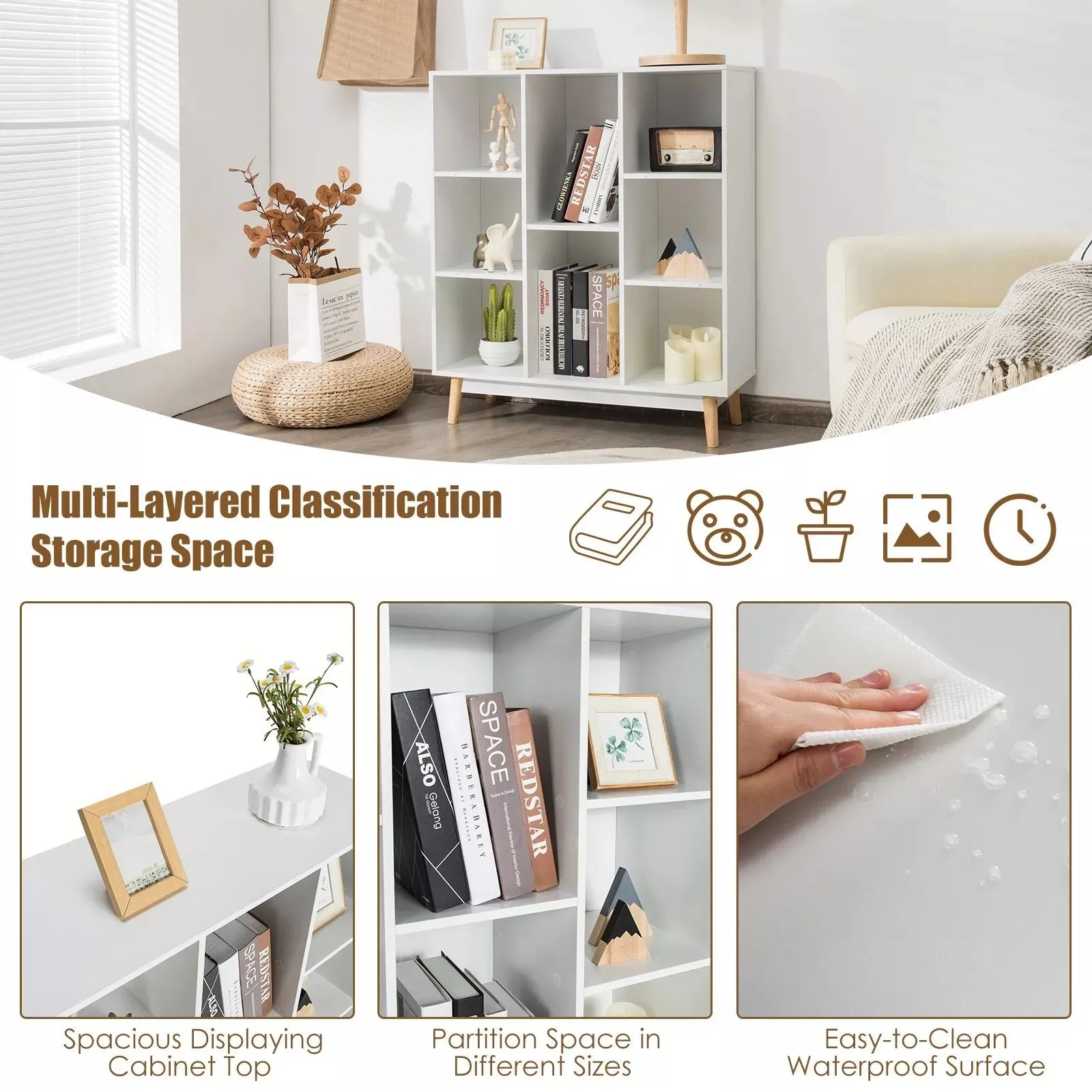 Costway 8-Cube Storage Bookcase Wooden Bookshelf Side Cabinet Freestanding Display Rack in White 4