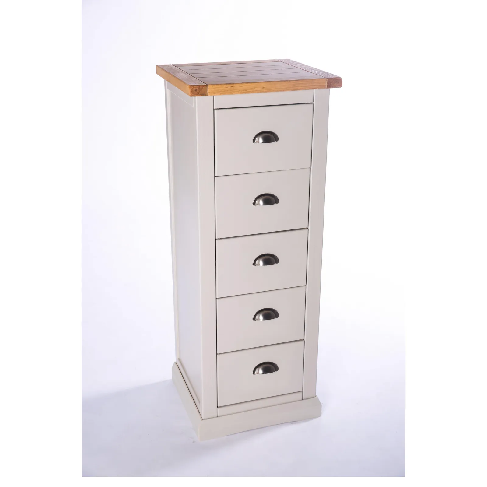 Cabinet Bits Loreo 5 Drawer Narrow Chest of Drawers Chrome Cup Handle in Light Grey 3