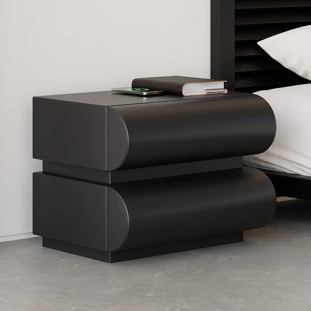 Modern Black Leather Smart Bedside Table with Wireless Charger 2 Drawers Bedside Table with USB & Type-C Ports