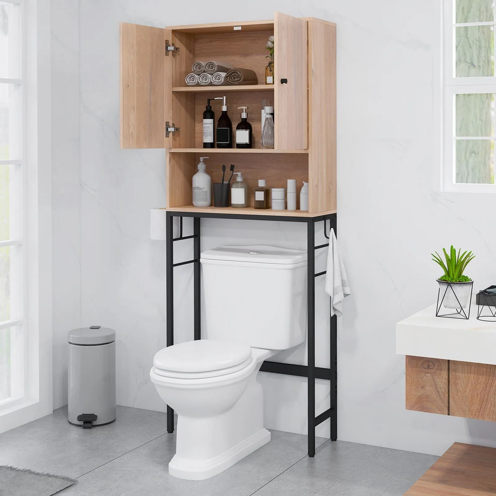 Costway Over The Toilet Storage Cabinet Free Standing Toilet Rack-Natural in Natural 4