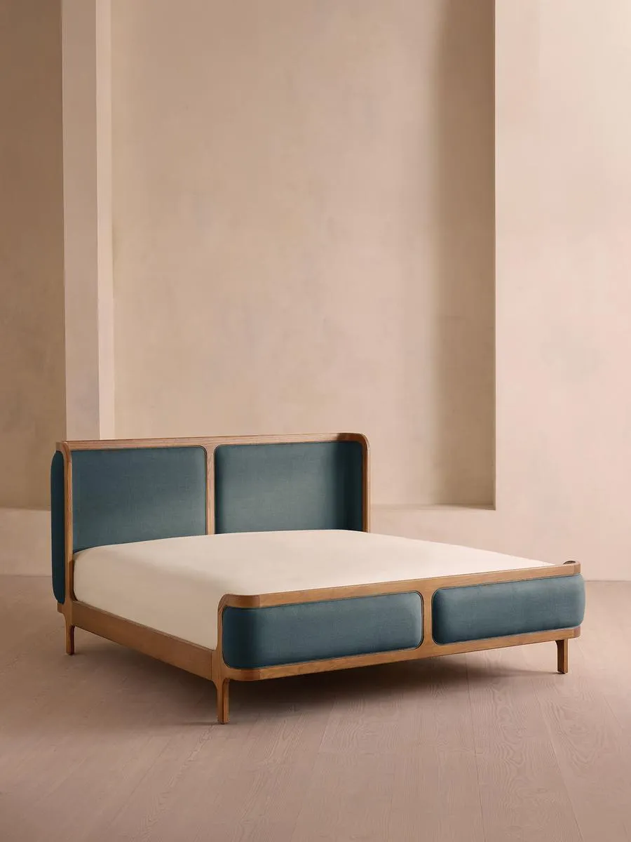 Belsa Bed, Light Oak, Super king, Linen, Prussian Blue
