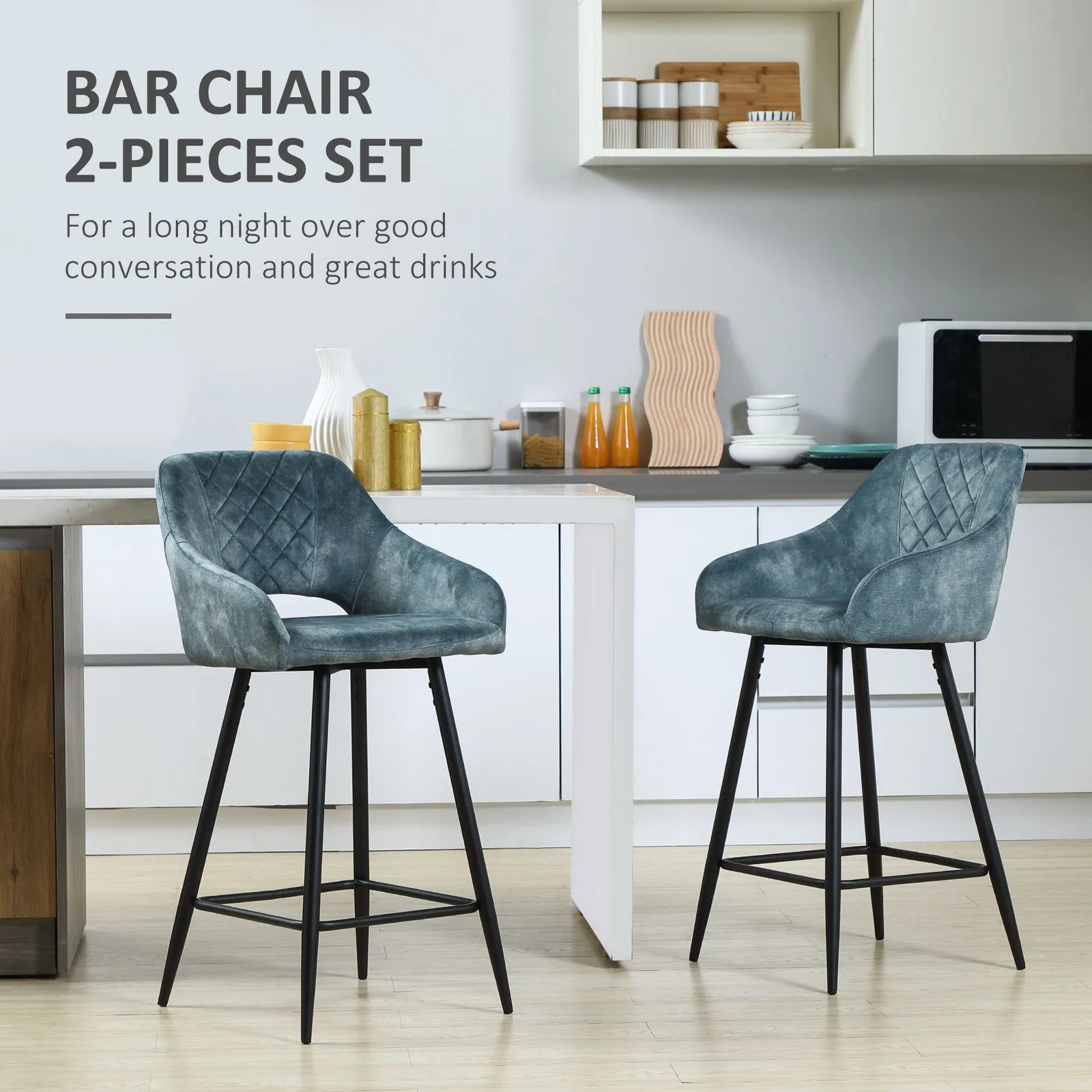HOMCOM Stools Set of 2, Velvet-Touch Fabric Counter Height Bar Chairs in Blue 4
