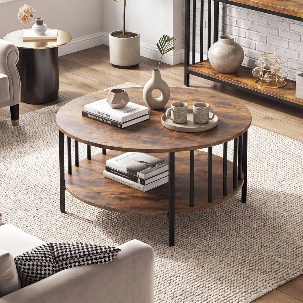 Costway Round Coffee Table 2-Tier Table w/ Open Shelf Cocktail Table in Brown 4