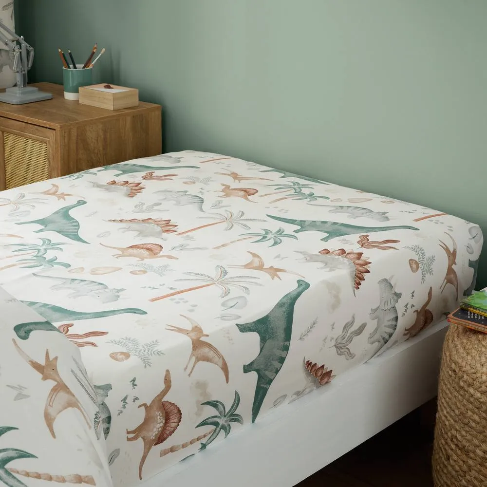 Happy Linen Company Scandi Saurus Dinosaurs Fitted Sheet Bedsheet Bedding Bed Linen in Ivory