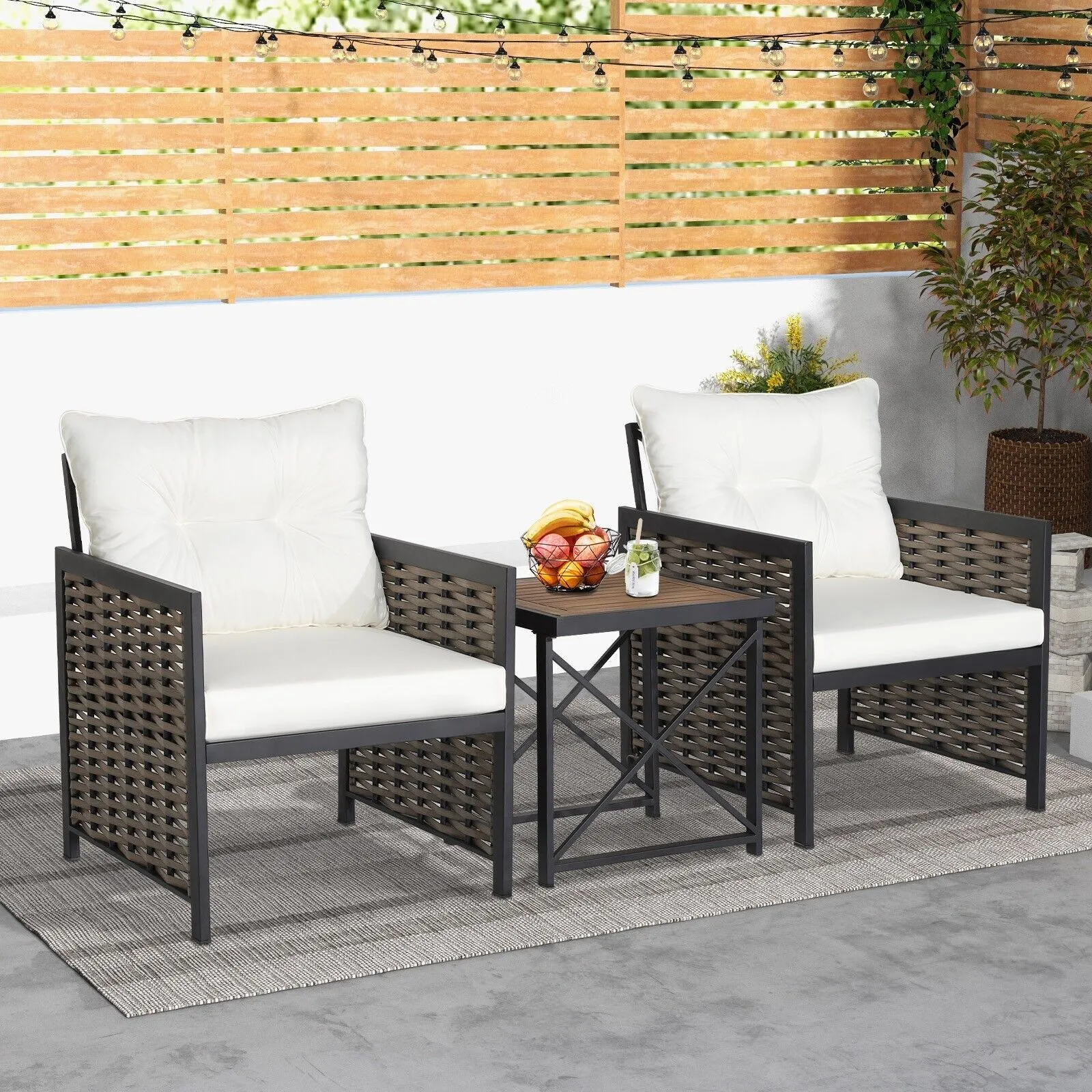 Costway 3 Piece Rattan Conversation Set Patio Wicker Chairs & Coffee Table Set in White