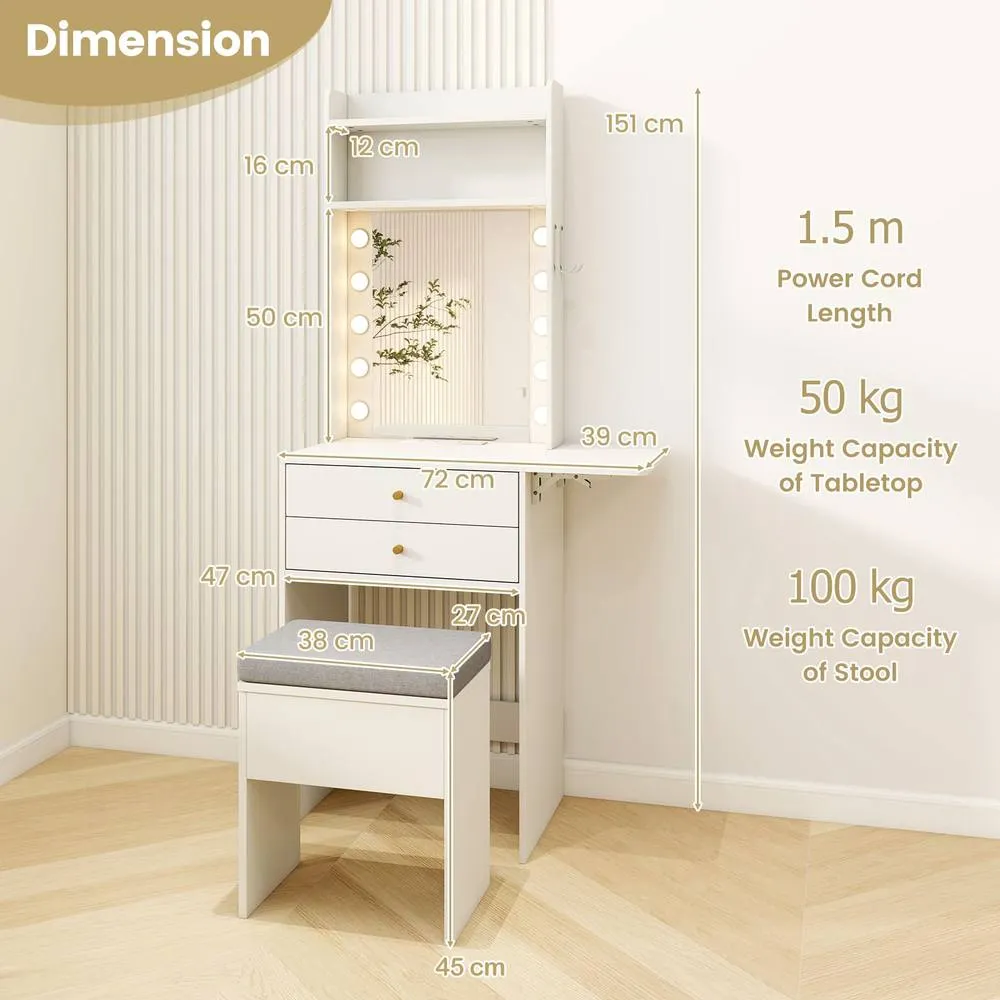 Costway Small Makeup Vanity Desk Dressing Table Set with Mirror & Lights in White 3