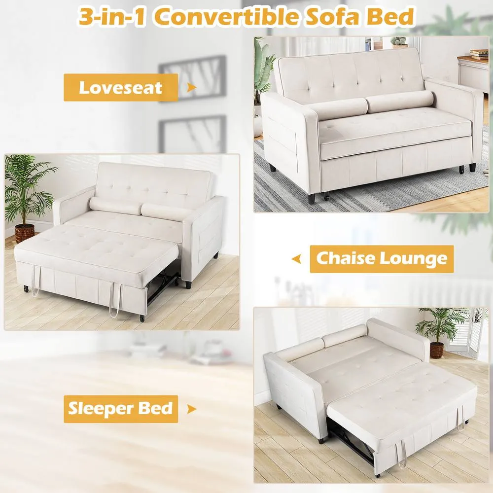 Costway 3-in-1 Convertible Sleeper Sofa Bed Pull Out Velvet Couch Bed-Beige in Beige 3