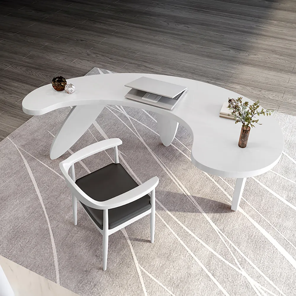 Modern curved white wood executive desk, 140 cm straight desk with 3 oval legs