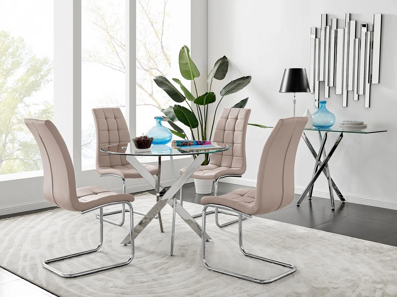 FurnitureboxUK Novara Chrome Metal 100cm Round Glass Dining Table & 4 Murano Dining Chairs in Beige 1