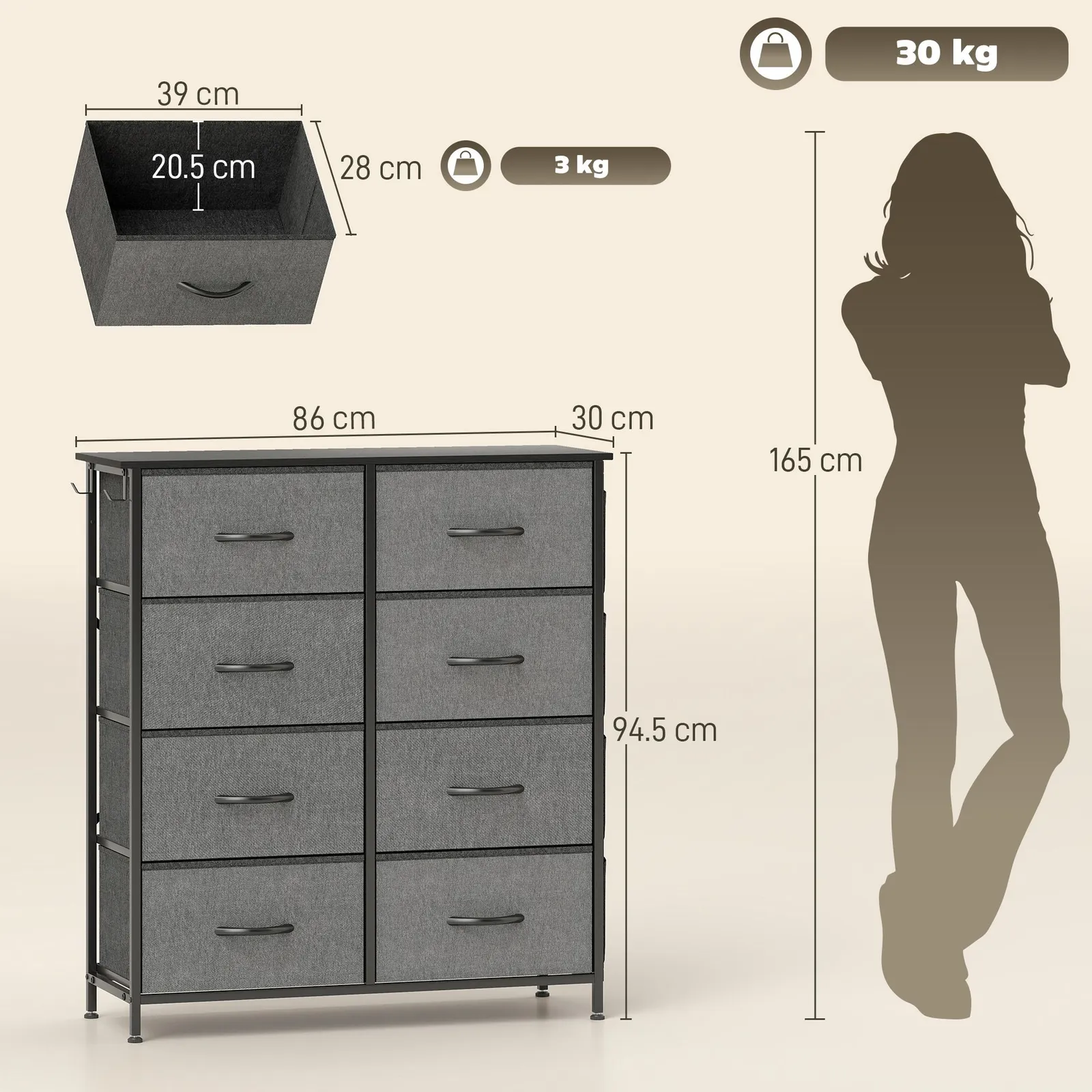 HOMCOM Fabric Chest of Drawers, Drawer Dresser for Bedroom in Dark Grey 3
