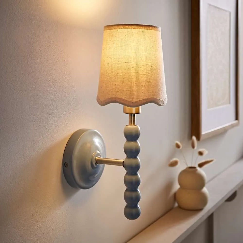 ValueLights Bobbins Pastel Bobble Wall Light & Natural Linen Lamp Shade & Bulb in Pale Blue 2