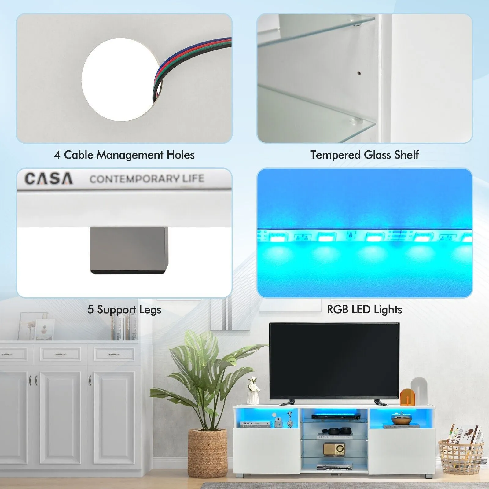 Costway 2Door TV Stand w/ LED Lights for TVs up to 65 inch Modern Entertainment Center in White 6