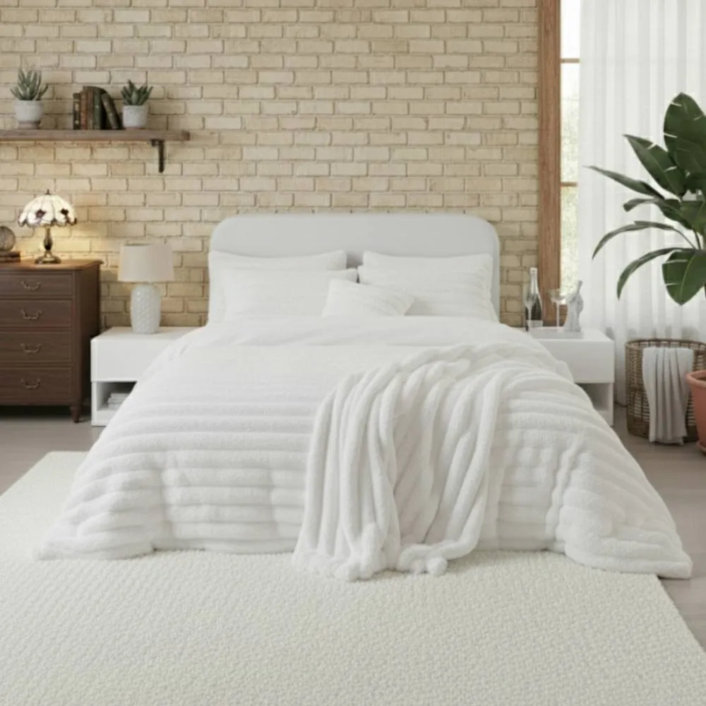 Snug City Luxury Teddy Cord Design Bedding Set Ultra Soft Cozy Stylish Comfort in White