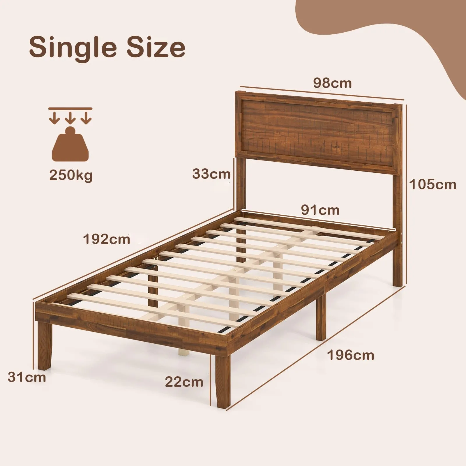 Costway Single Size Bed Frame Acacia Wood Platform Bed w/ Headboard in Walnut 4