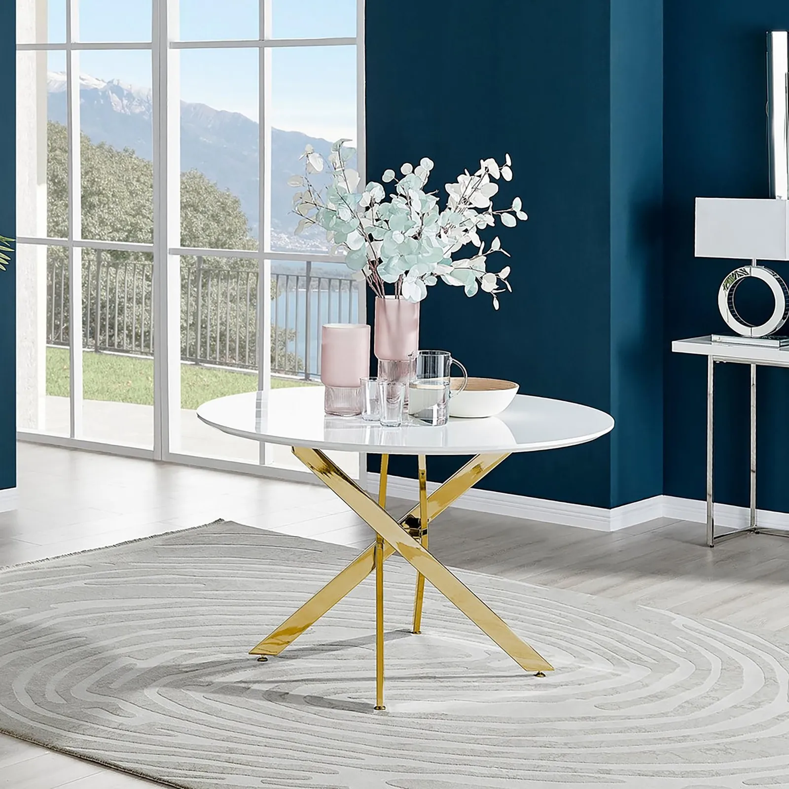 FurnitureboxUK Novara 120cm Round 6-Seater Dining Table With Gold Chrome Legs in White 1