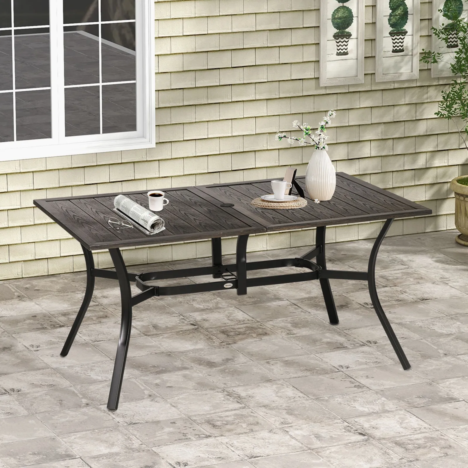 OUTSUNNY Garden Table with Parasol Hole for Patio, Deck, 150 x 96 x 73cm in Brown