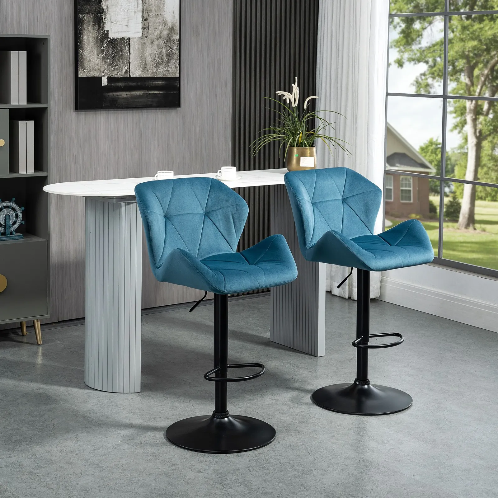 HOMCOM Of 2 Luxurious Velvet-Touch Bar Stools w/ Metal Frame Footrest Base in Blue 1