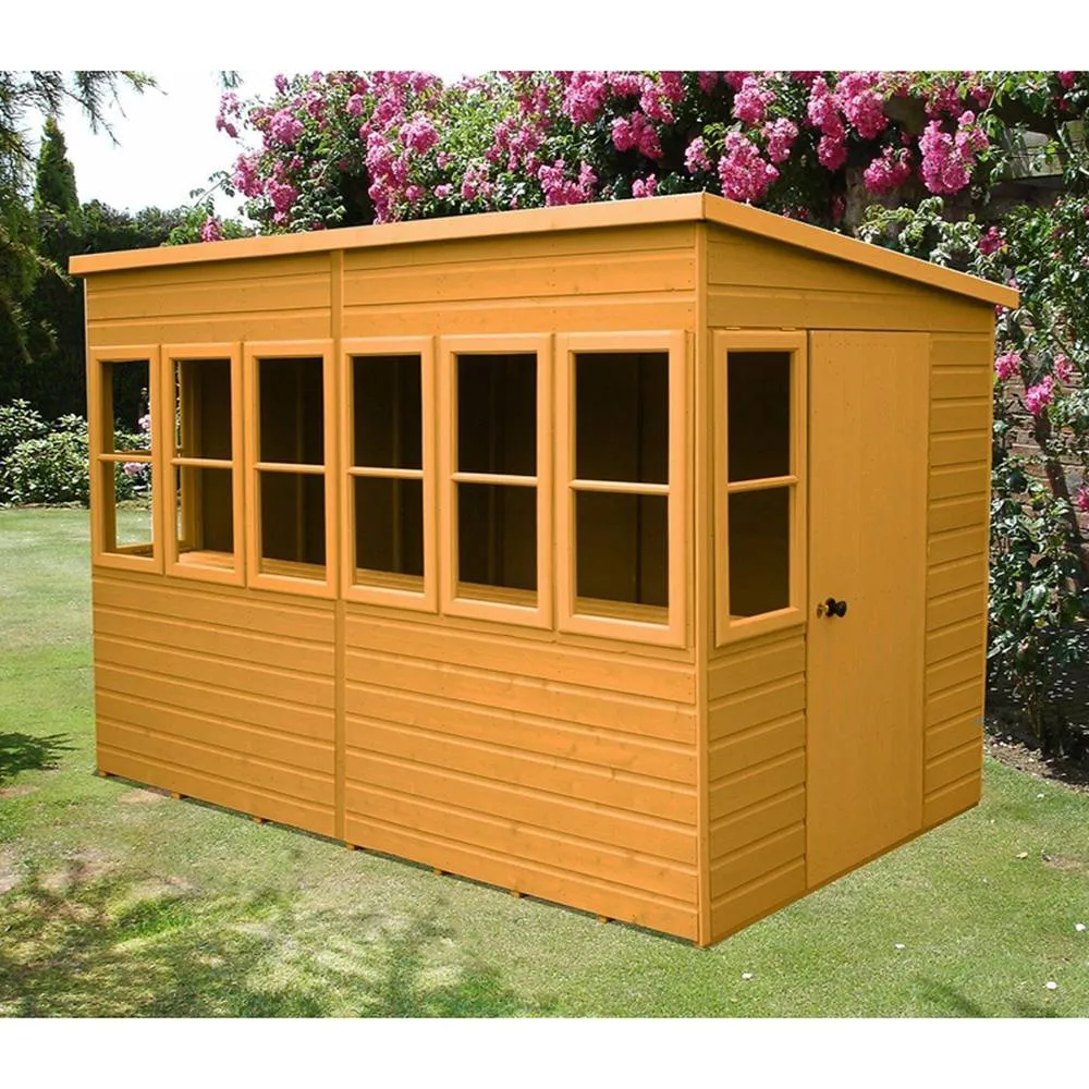 Shires Sun Pent 10x6' Single Door with 8 Windows Wooden Garden Potting Shed in Brown 2