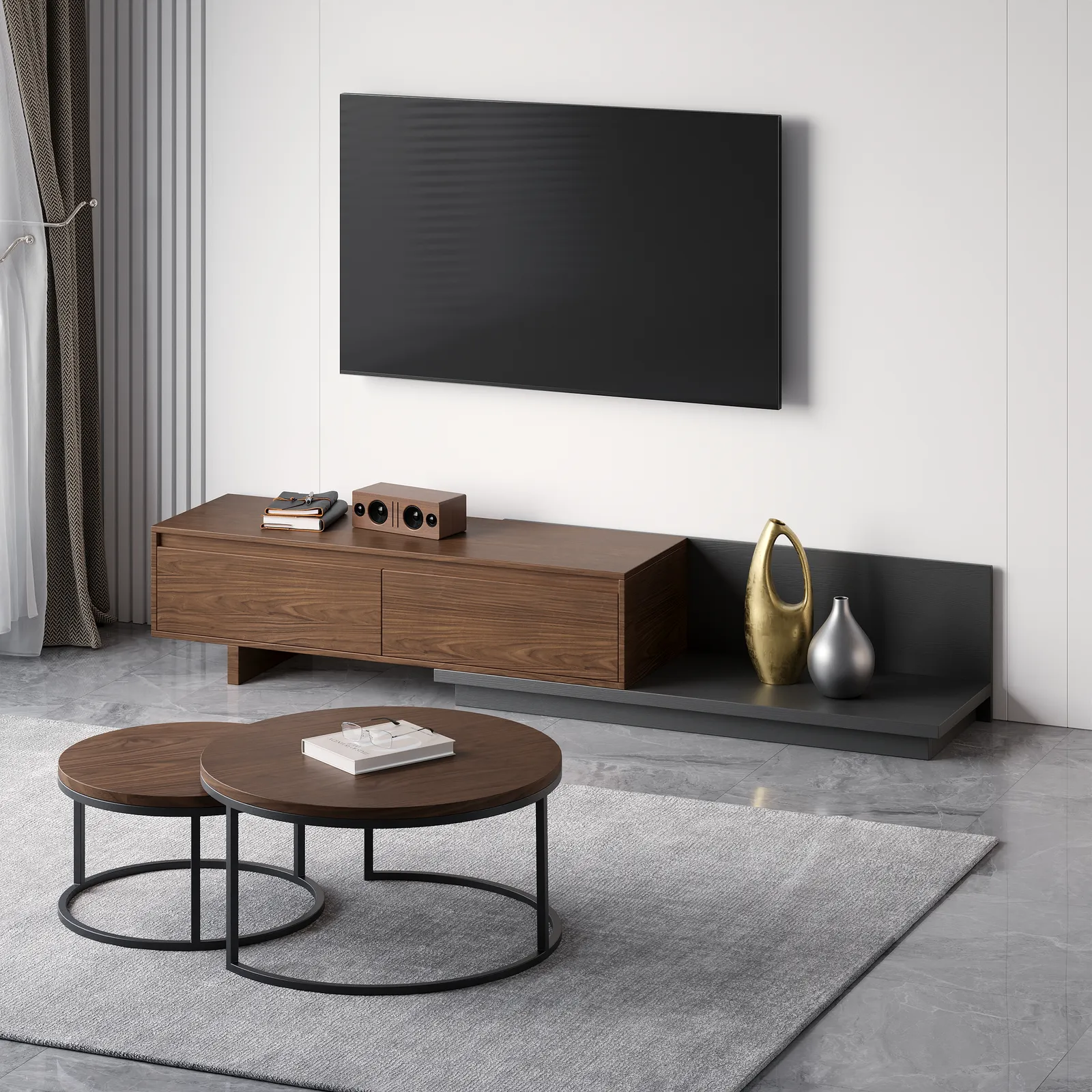 Living Room Cabinet Set Retracted & Extendable 3-Drawer TV Stand & Round Nesting Coffee Table