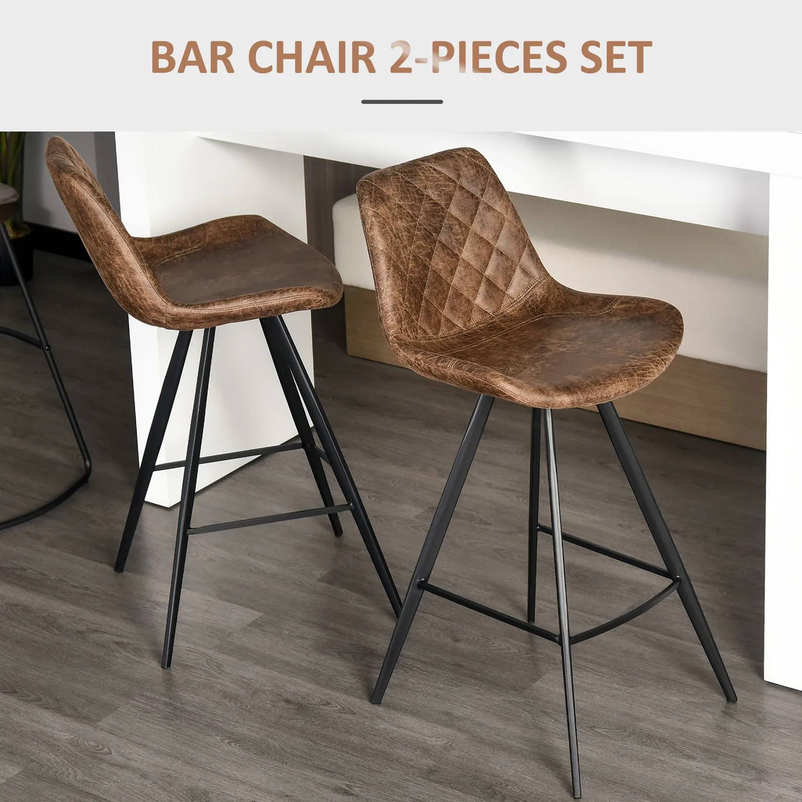 HOMCOM of 2 Bar Stools Padded Comfortable Steel Frame Footrest for Kitchen in Brown 4