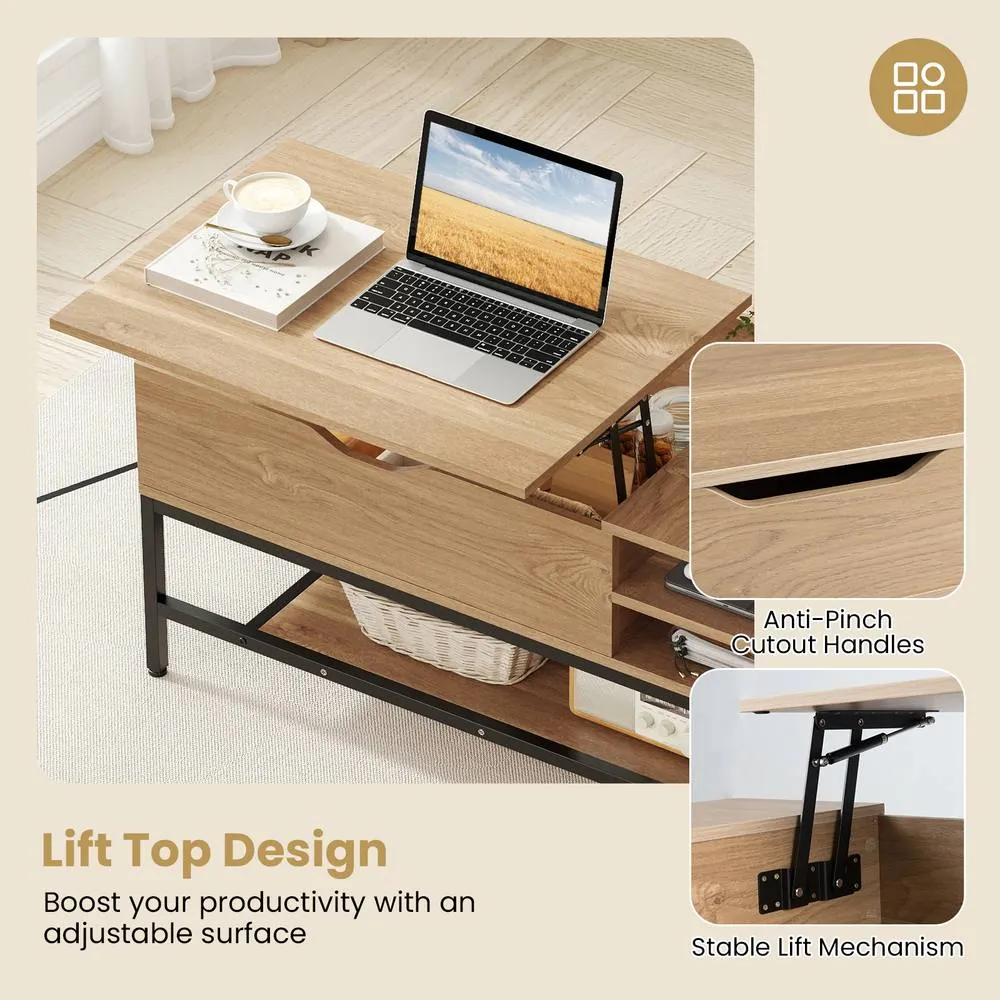 Costway Lift Top Coffee Table Living Room Table w/ Storage Shelf in Natural 6
