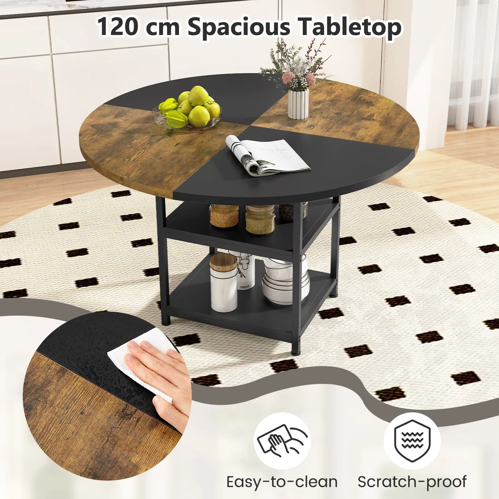 Costway Round Wooden Kitchen Table Dining Table w/ Storage Shlef 4