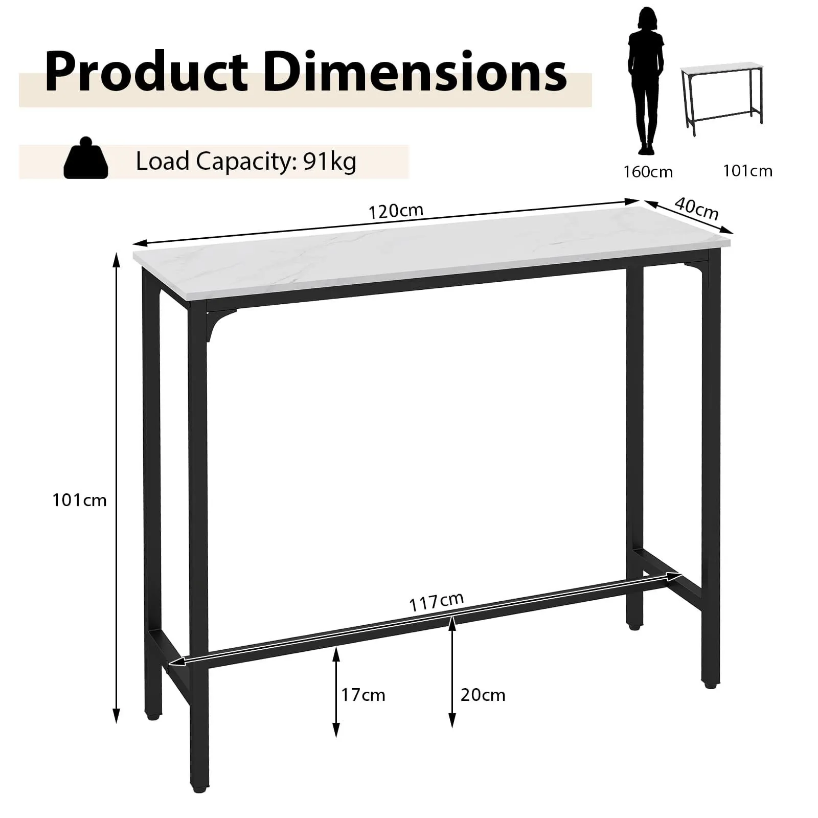 Costway 120cm Bar Table Counter Height Table with Footrest in White 2