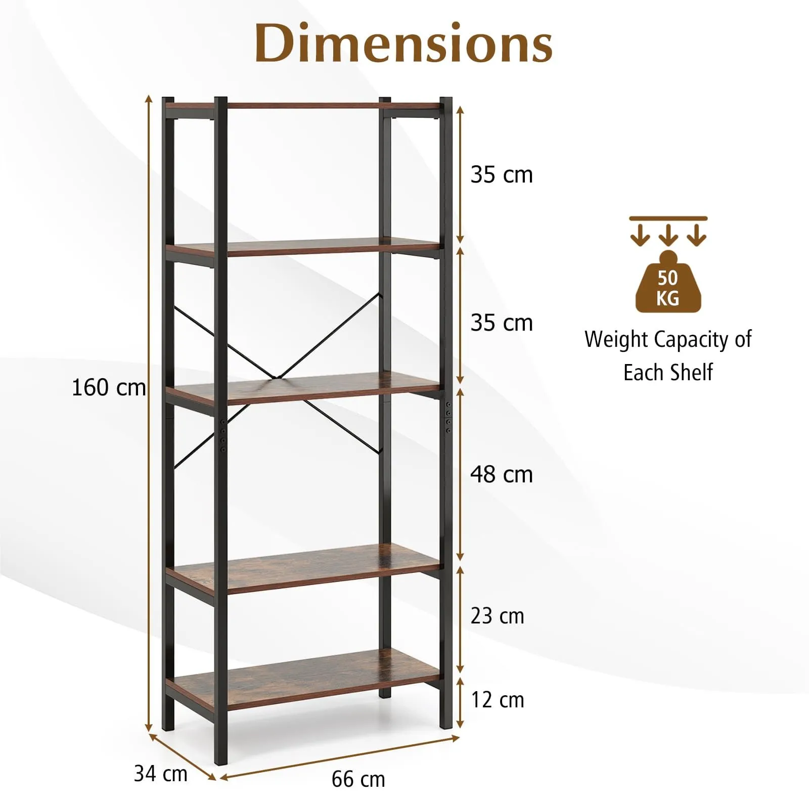 Costway 5-Tier Bookshelf Bookcase Display Rack with Metal Frame-Coffee in Dark Brown 2