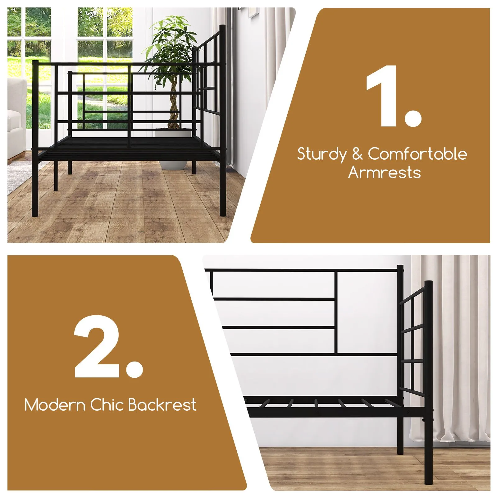 Costway Single Size Metal Sofa Bed Single Platform Bed Daybed with Arms & Back in Black 6