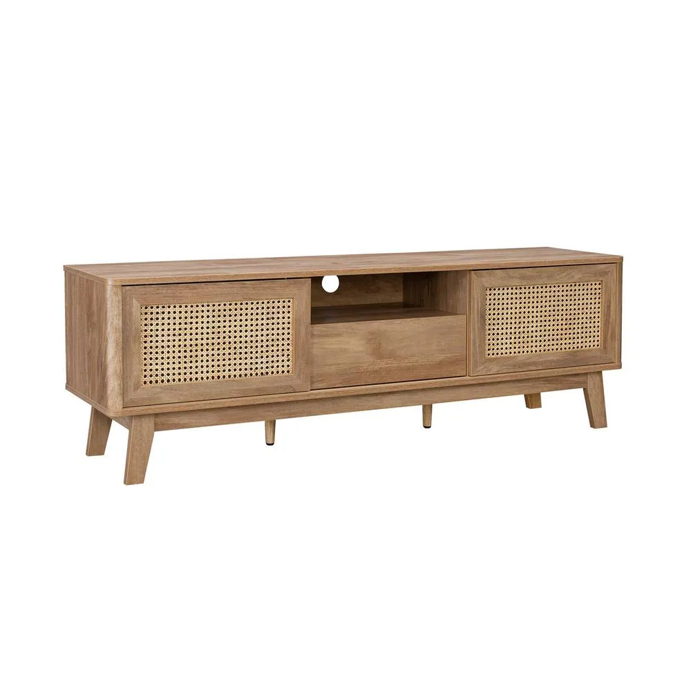 sweeek 150cm TV unit wooden effect & cane 2 sliding doors in Beige 2