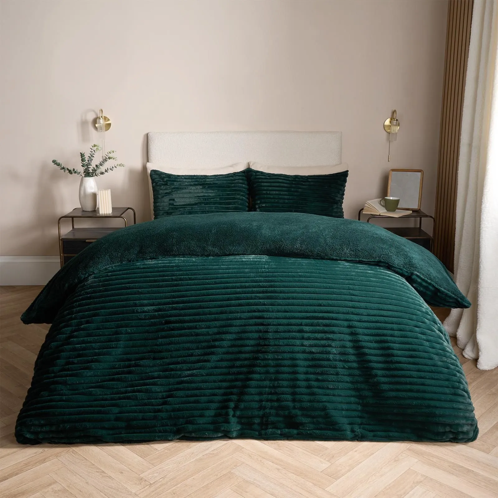 OHS Ribbed Duvet Cover Faux Fur Winter Warm Bedding Set in Green