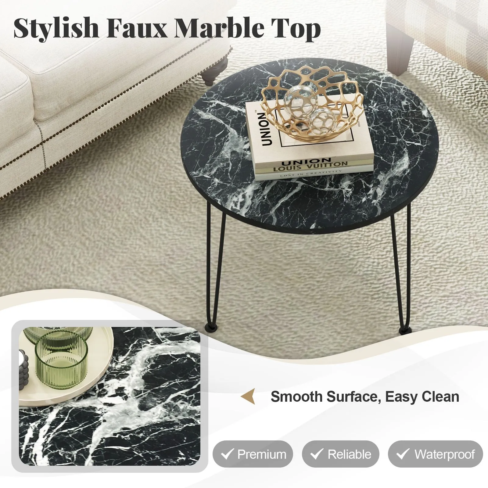 Costway Round Coffee Table Small Faux Marble Accent Table in Black 6
