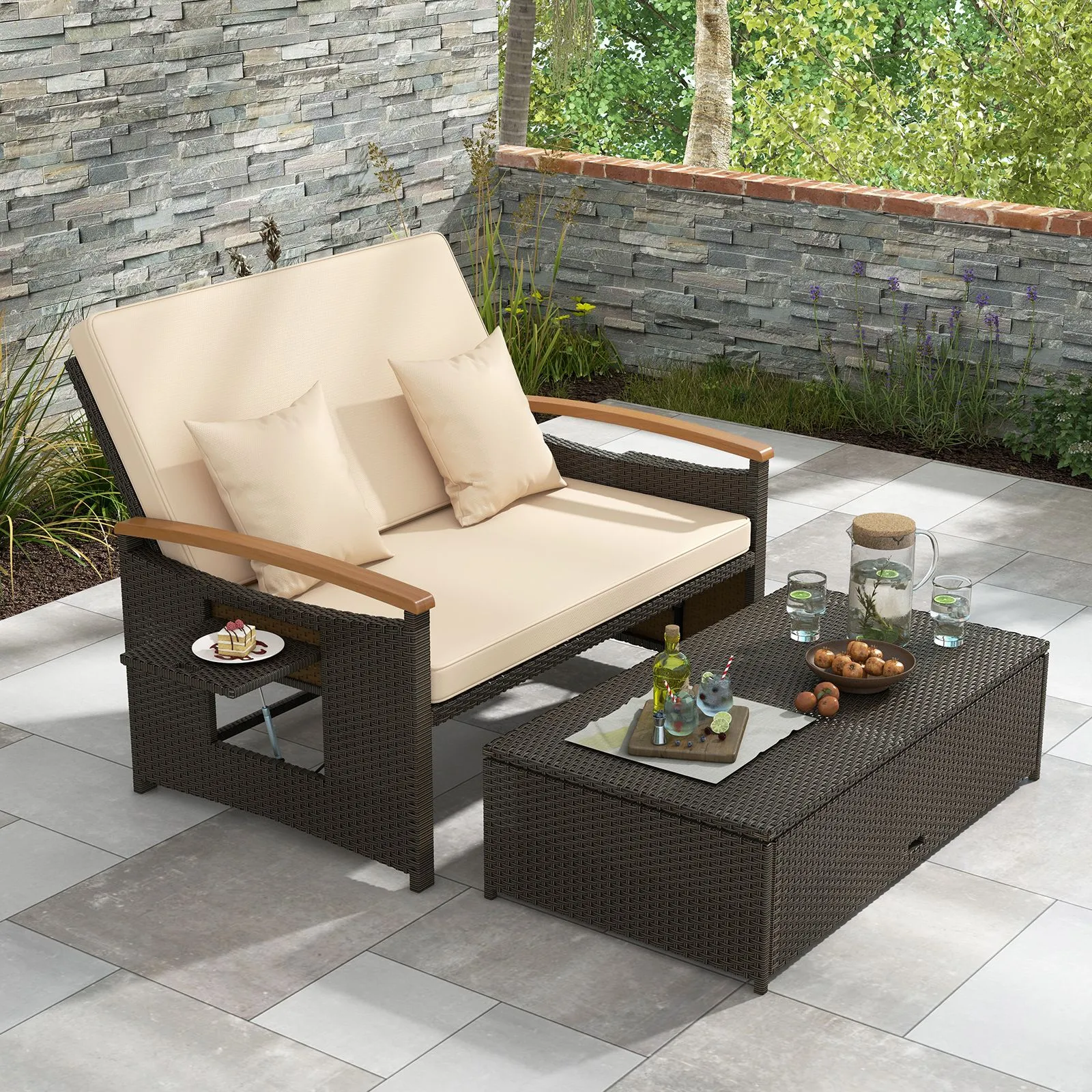 Costway Outdoor Wicker Daybed Rattan Woven Loveseat with Folding Panels & Storage Ottoman in Brown 3