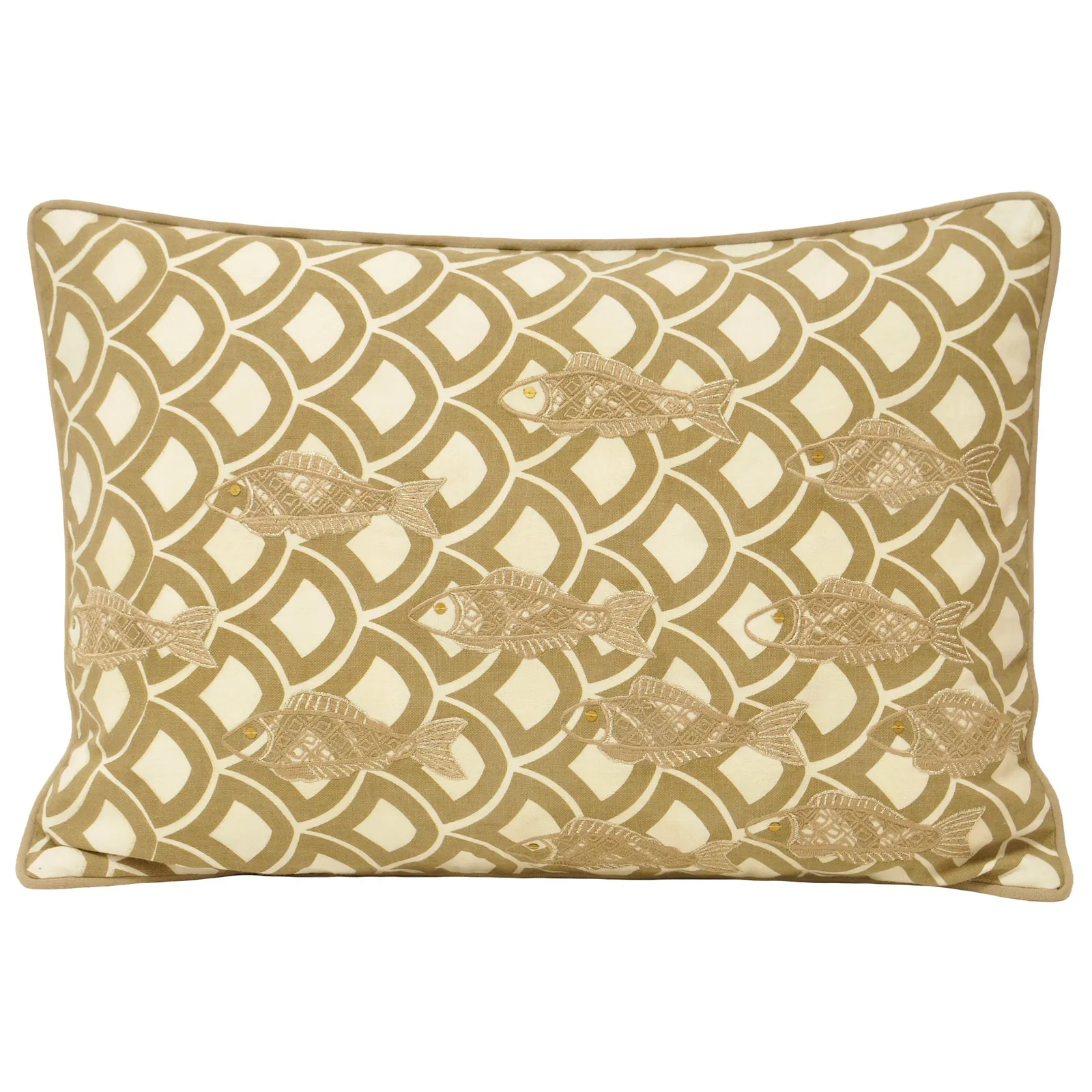 Paoletti Ionia Fish Embroidered Geometric Cushion in Beige