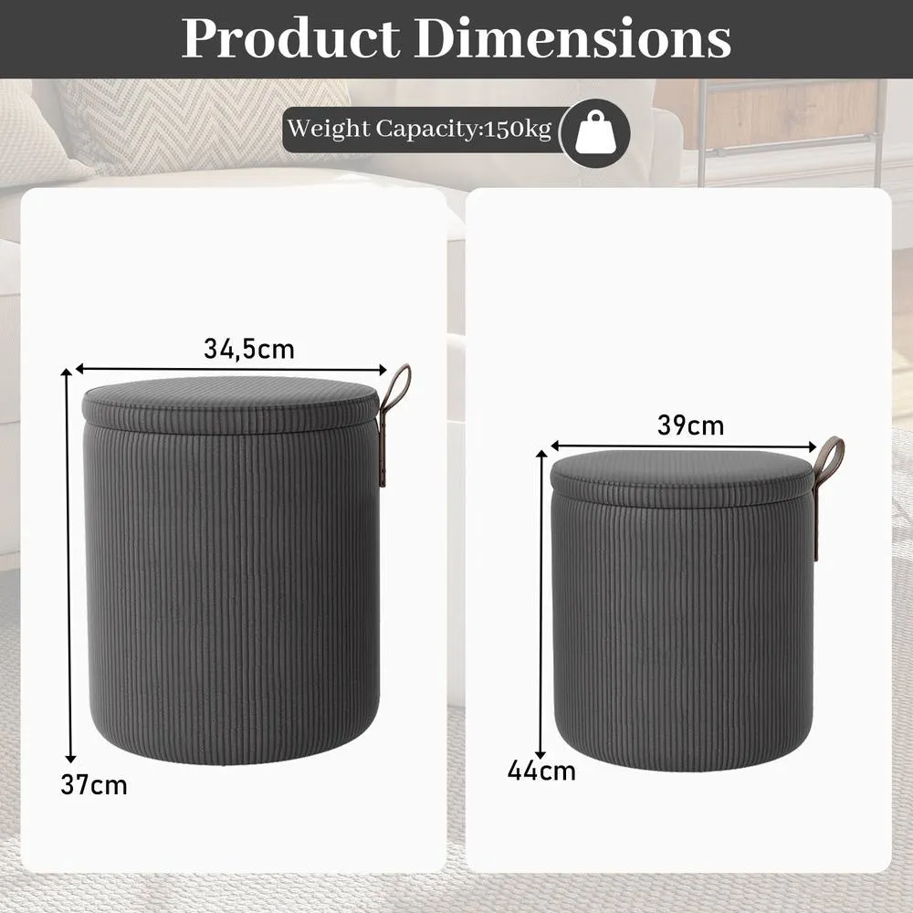 Costway 2PCS Modern Round Ottoman Upholstered Vanity Stools w/ Removable Lids in Grey 2