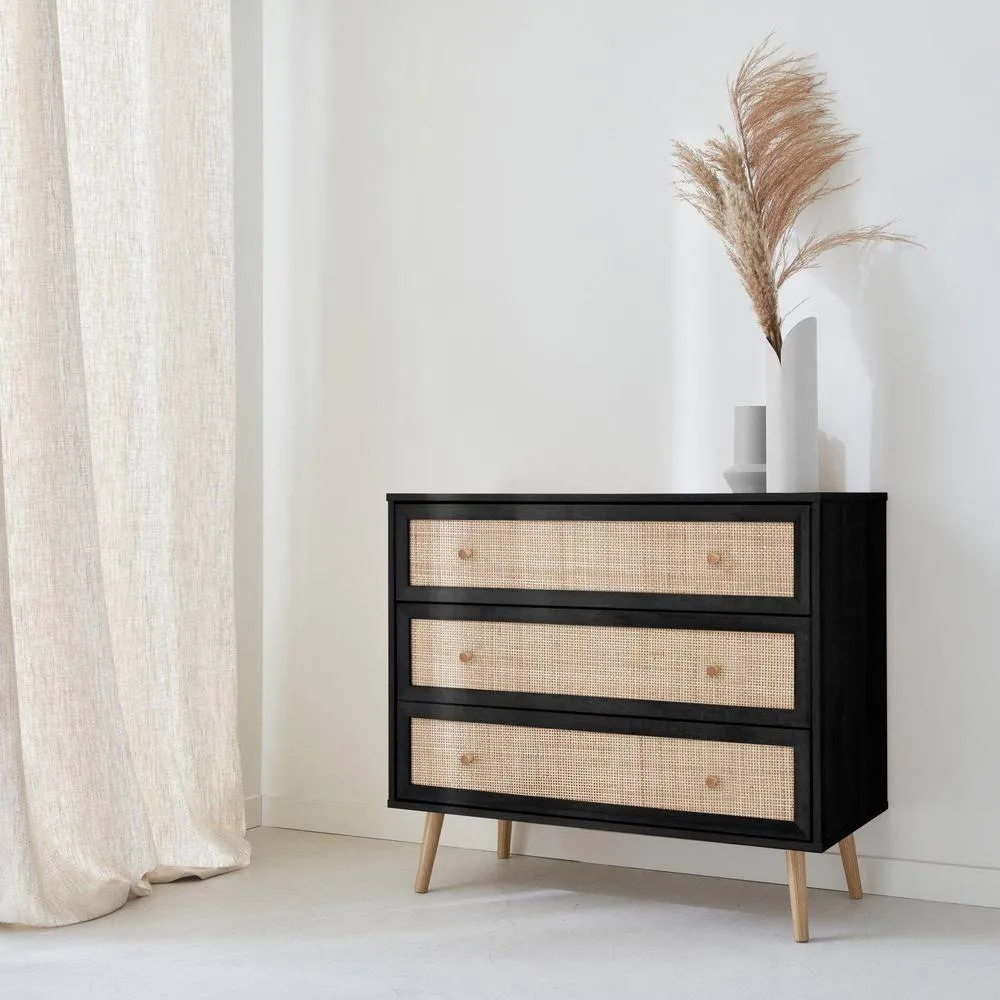 sweeek 3-drawer Chest With Wood & Cane Effect in Black 1