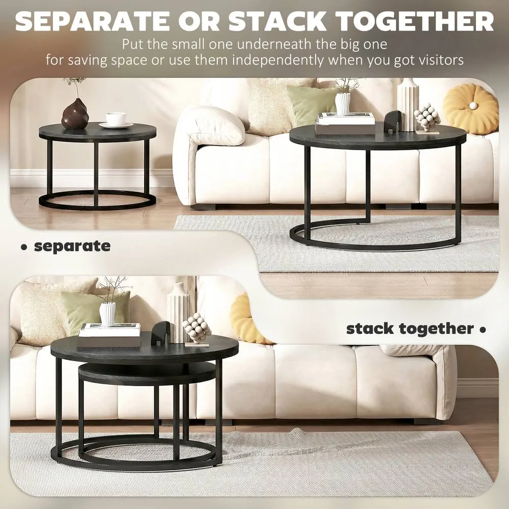 HOMCOM 2 Pcs Stacking Coffee Table Set Steel Frame, Black Wood Grain 5