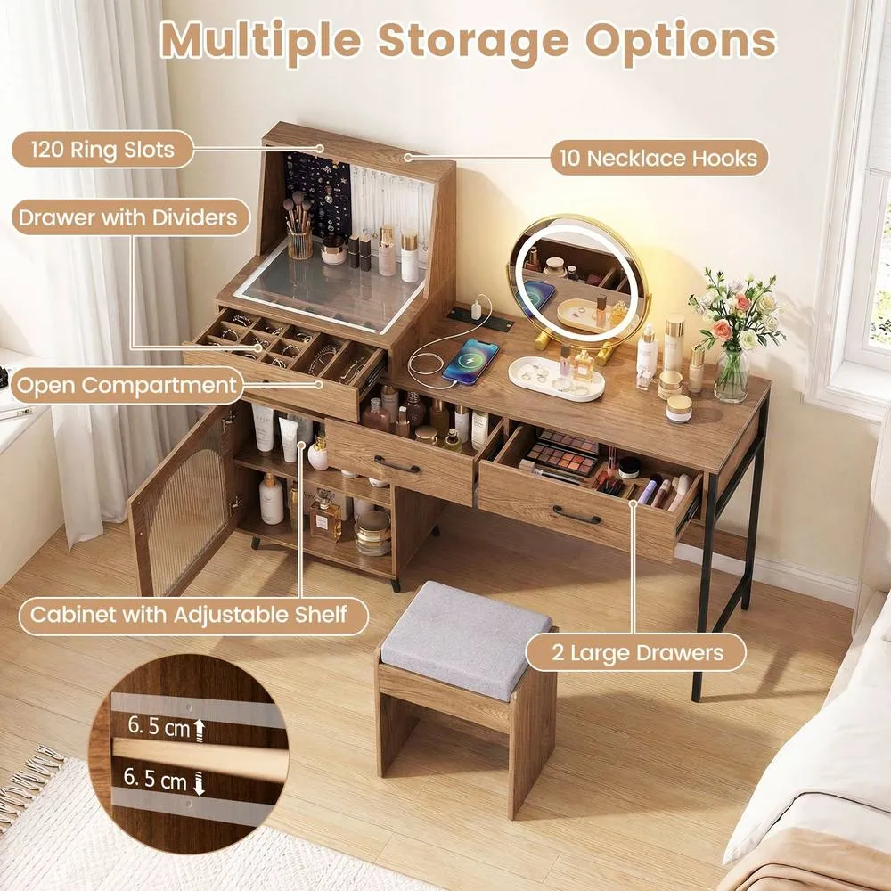 Costway Modern Makeup Vanity Table Set Dressing Desk w/Mirror & Lights & Stool in Natural 4