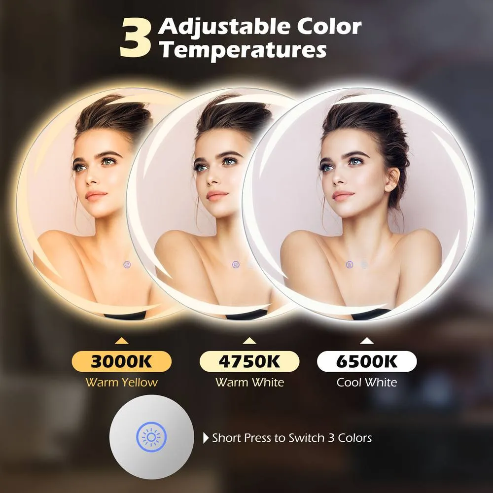 Costway Round LED Bathroom Mirror w/3-Color Lights in White 4