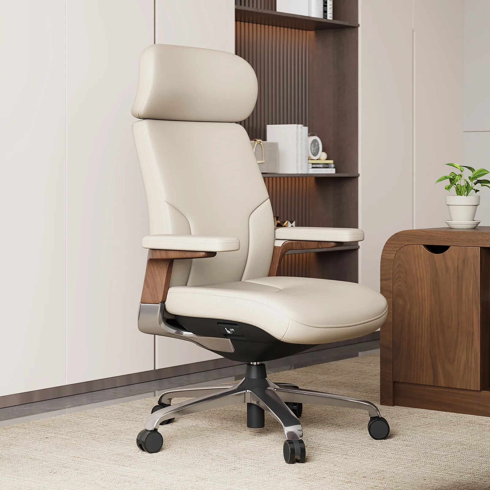Ivory Genuine Leather Swivel Office Chair with Ergonomic Synchro-Tilt Recline System