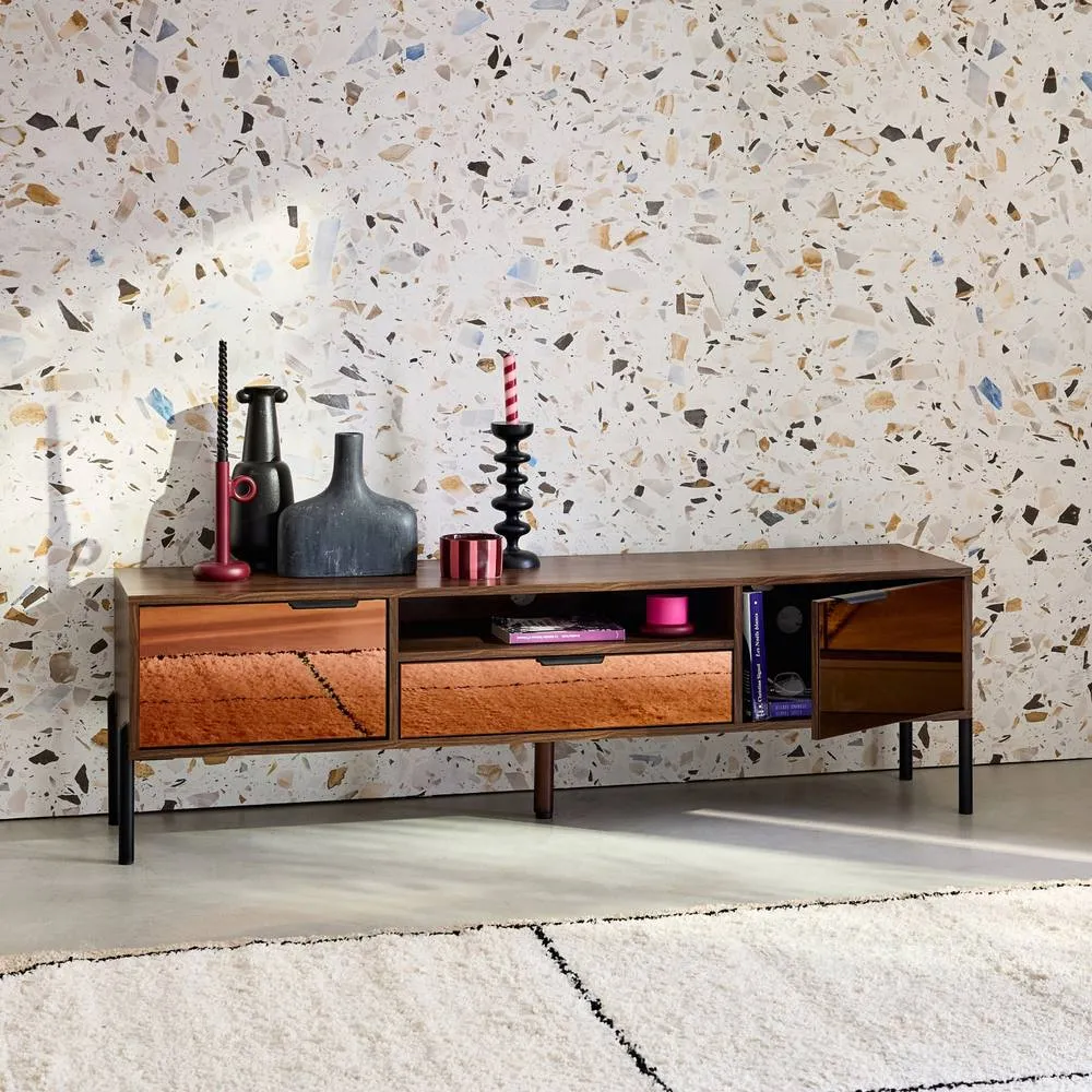 sweeek 151.5cm Vintage Tv Unit Walnut Wooden Effect 2 Doors 1 Drawer in Dark Brown 6