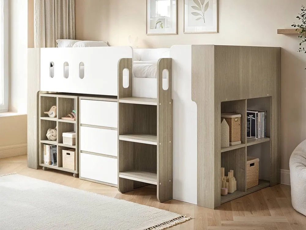 Flair Willow Mid Sleeper with Desk & Storage White & Oak 3
