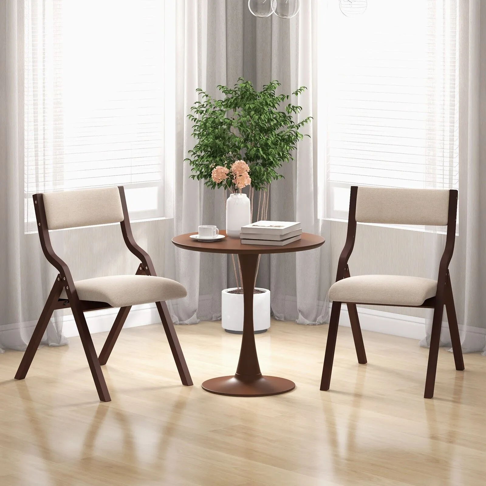 Costway Set of 2 Padded Folding Chair Wooden Counter Dining Chairs W/ Linen Fabric Seat in Brown 3