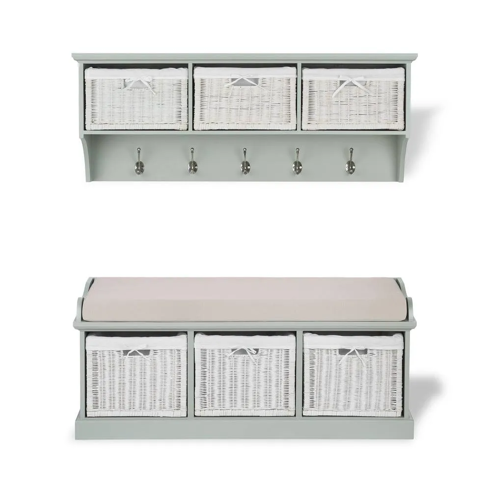 Statement Furniture Tetbury 3 White Wicker Basket & Cream Cushion Hallway Set in Light Green