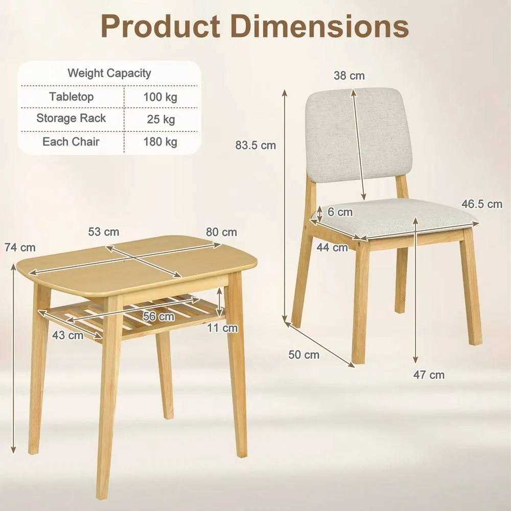 Costway 3-Piece Dining Table Set Solid Wood Kitchen Table with Storage Rack in Khaki 2