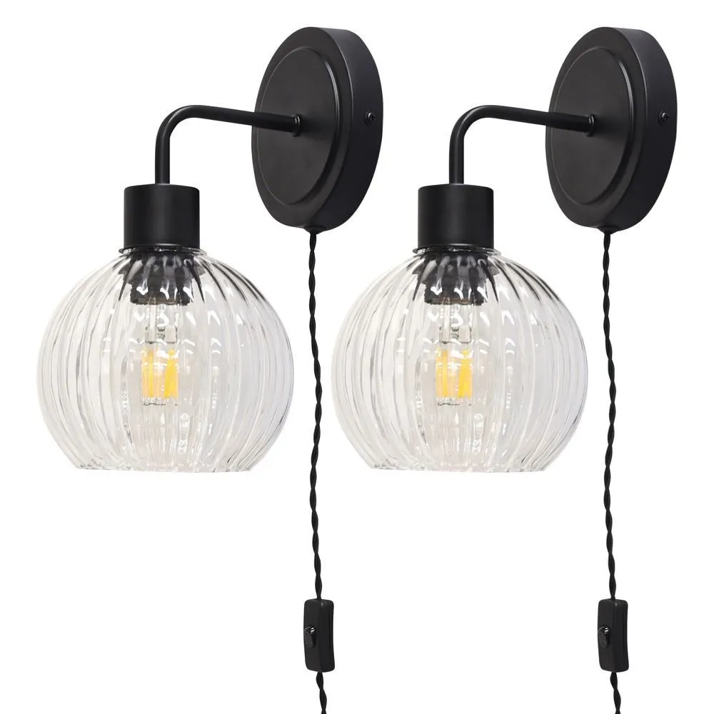 First Choice Lighting Set of 2 Toby - Black Plug in Wall Lights Clear Ribbed Shades