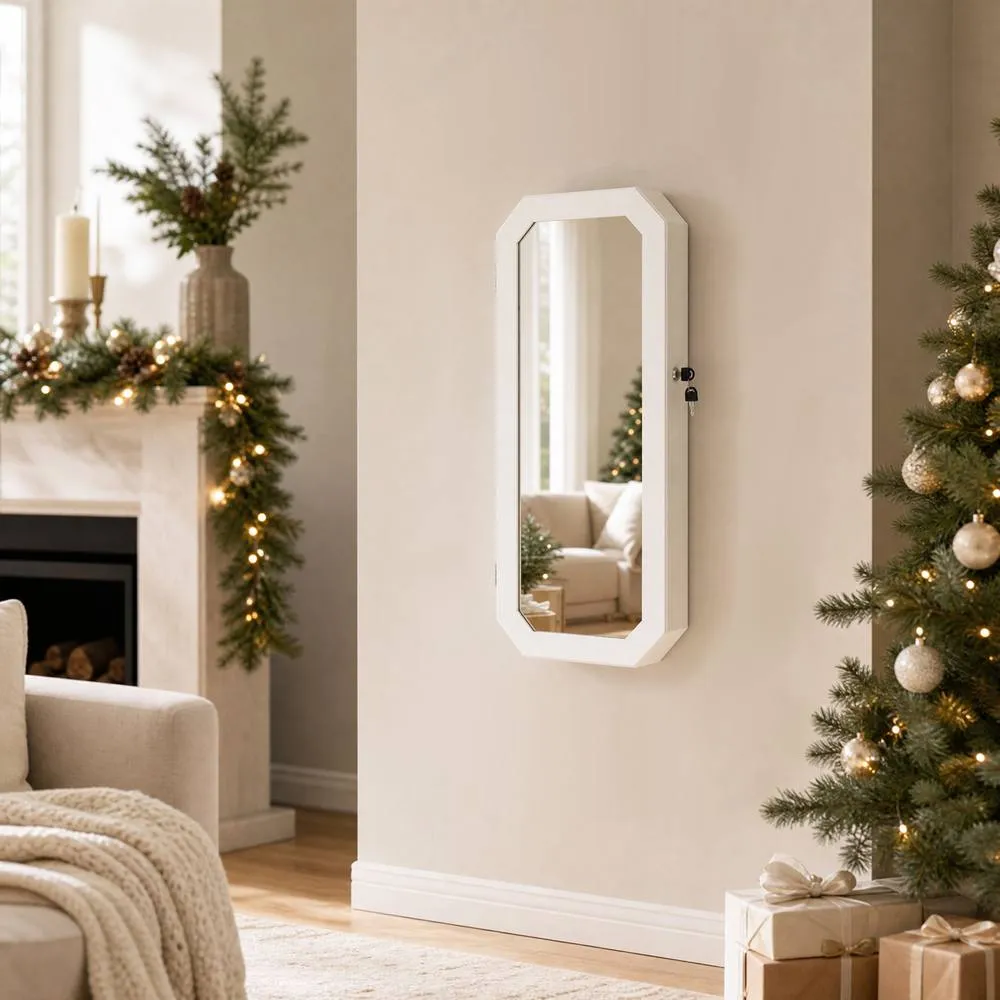 Costway Lockable Full-Length Mirror Jewelry Cabinet wStorage Shelves in White 3