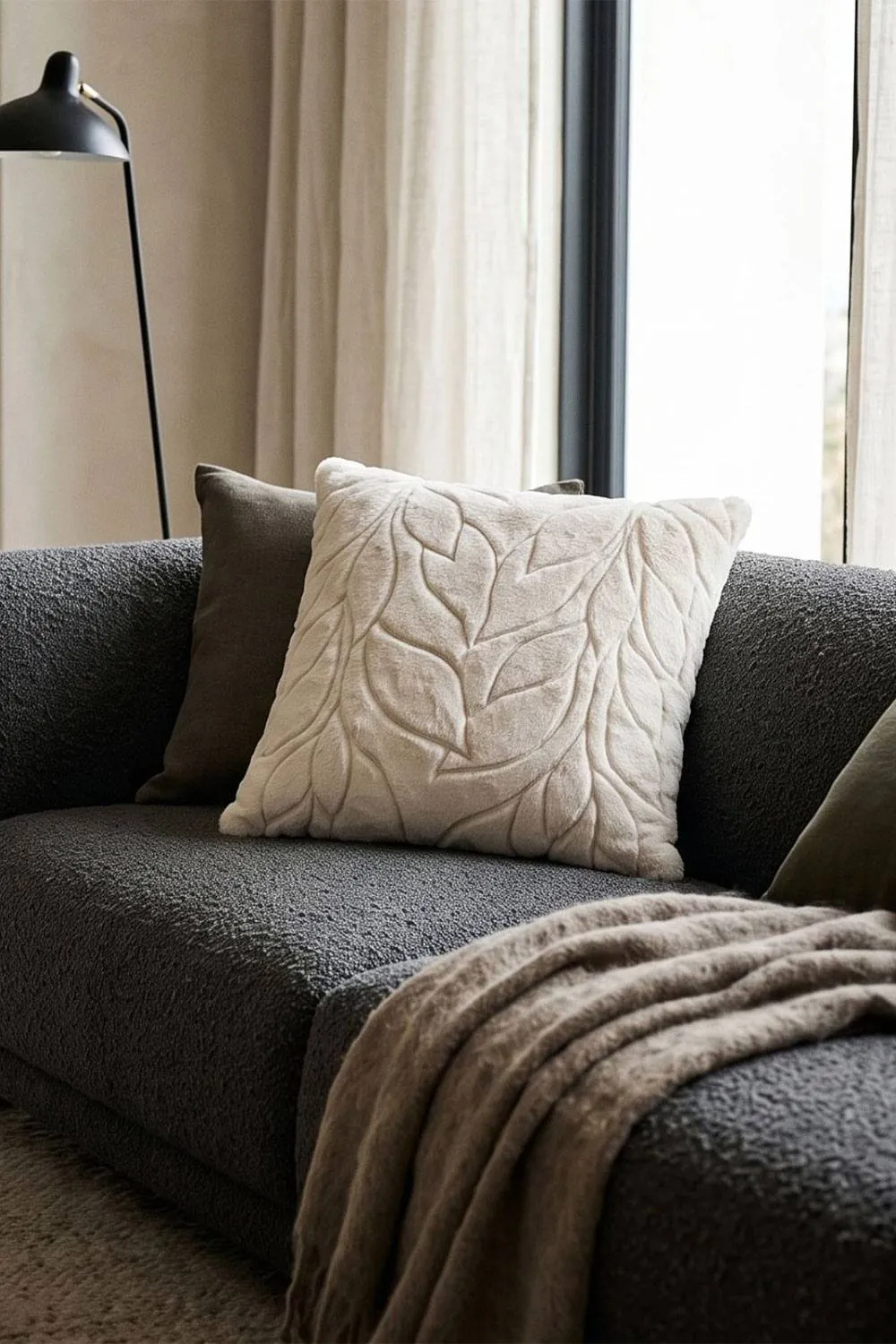 Homescapes Faux Fur Embossed Botanical Leaves Cushion with Cover in Beige 6